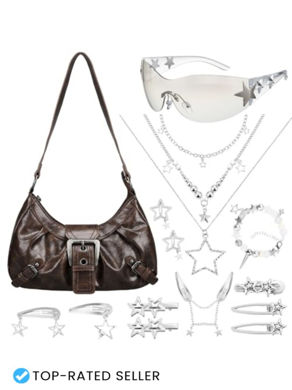 Y2K Faux Leather Shoulder Bag & Star Jewelry Hair Accessories Set